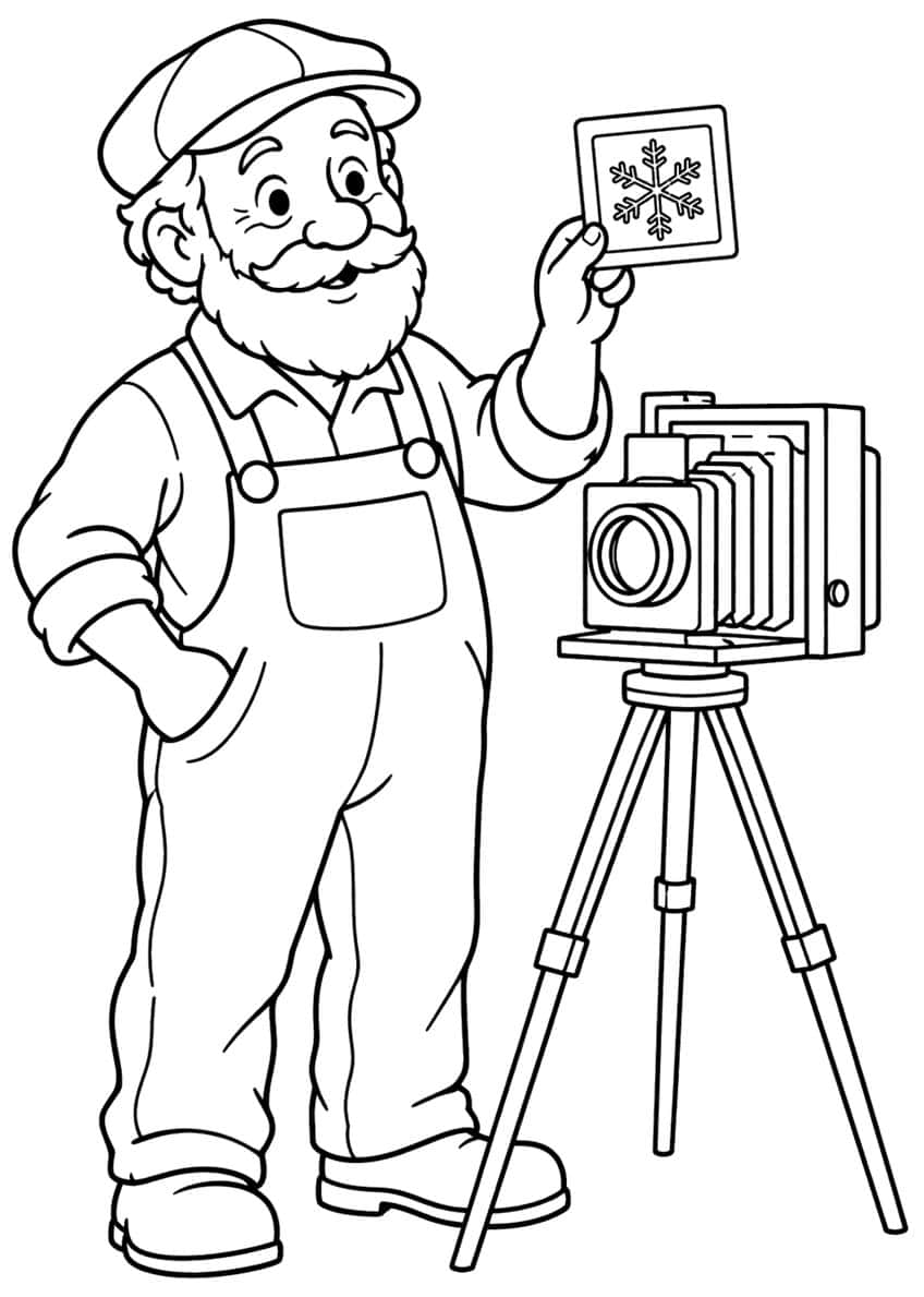 Smiling bearded photographer in overalls with a tripod camera, holding a framed snowflake photo