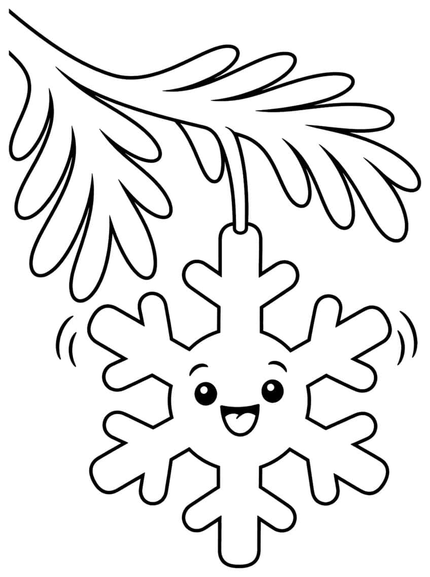 Smiling cartoon snowflake hanging by a string from a pine branch with needle clusters