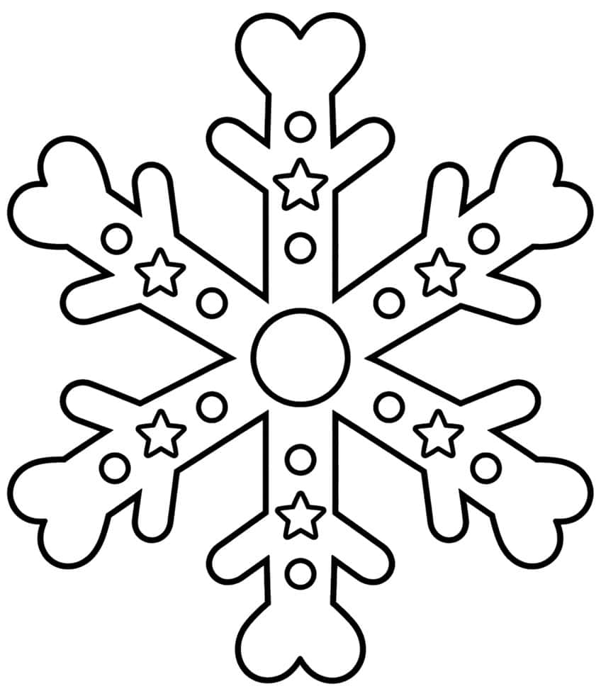 Large six-armed snowflake with heart-shaped tips, a center circle, small stars and dots