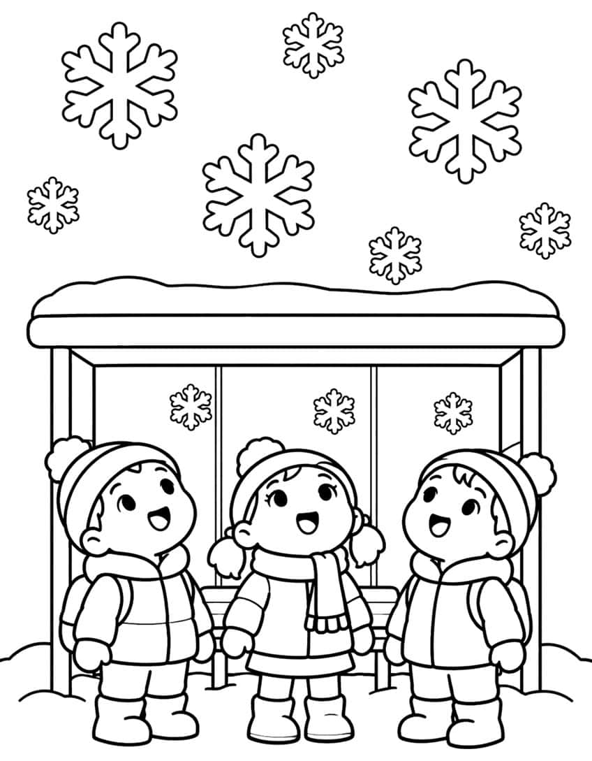 Three children in winter hats and coats at a snowy bus shelter, with snowflakes falling above