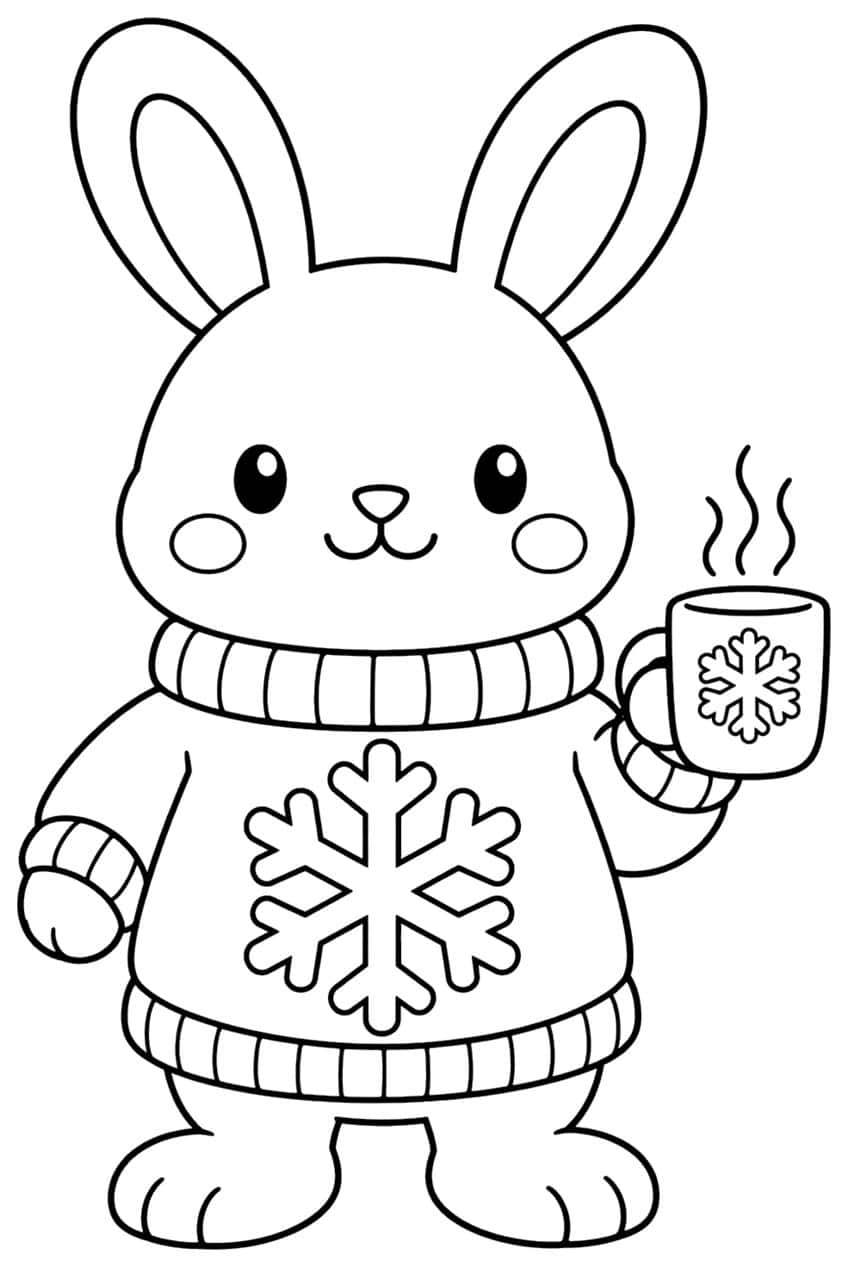 Smiling bunny in a snowflake sweater holding a steaming mug with a snowflake