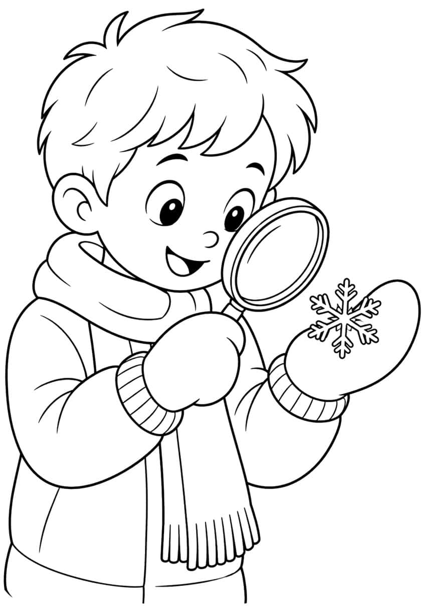 Boy with a magnifying glass looking at a snowflake on his mitten, wearing a scarf and jacket
