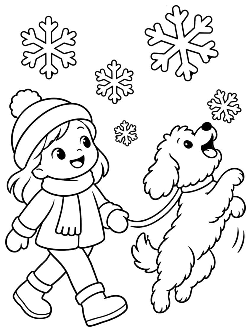 Girl in pompom hat and scarf walking a fluffy dog on a leash under five snowflakes