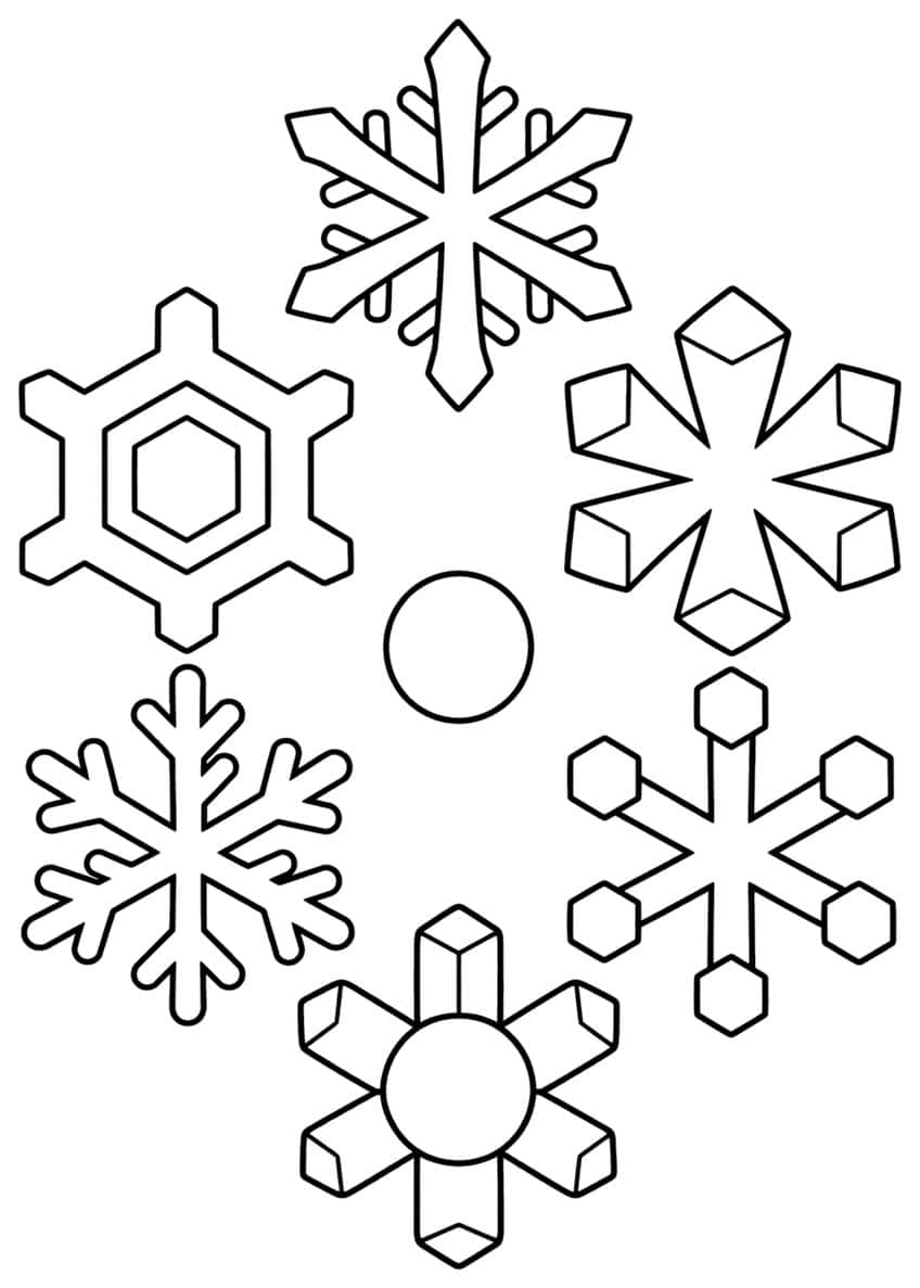 Six different snowflakes arranged in a ring around a small central circle
