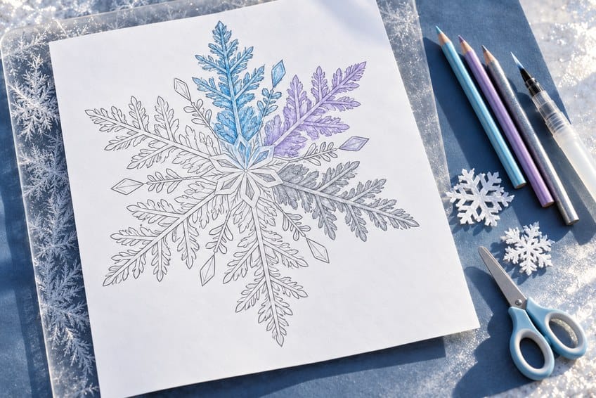 snowflake coloring page partly colored in with pencils