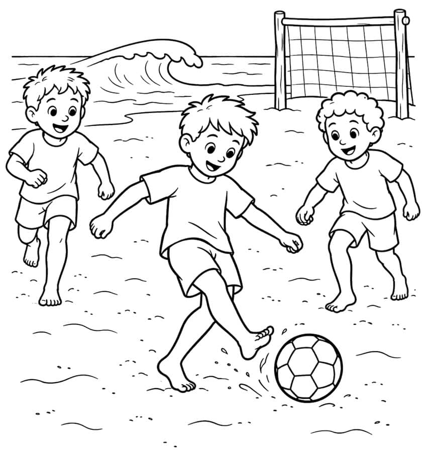 Three barefoot boys playing soccer on a beach with a ball, a wooden goal with net and an ocean wave