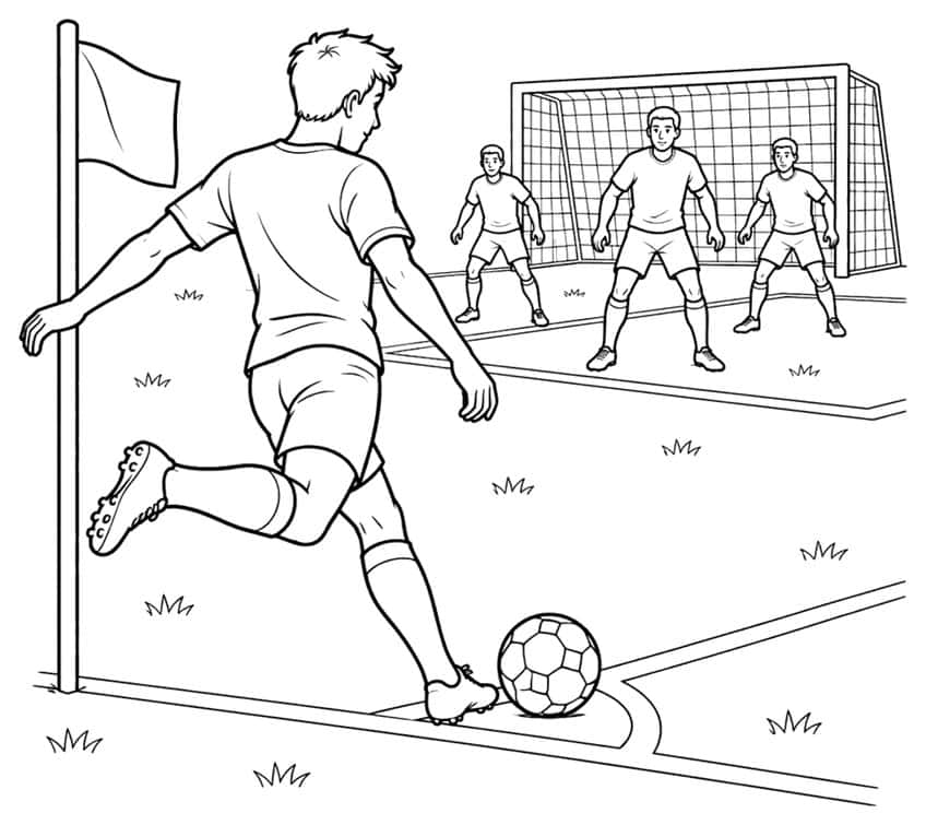Soccer player kicking a ball from the corner arc, flag, goal net and three defenders
