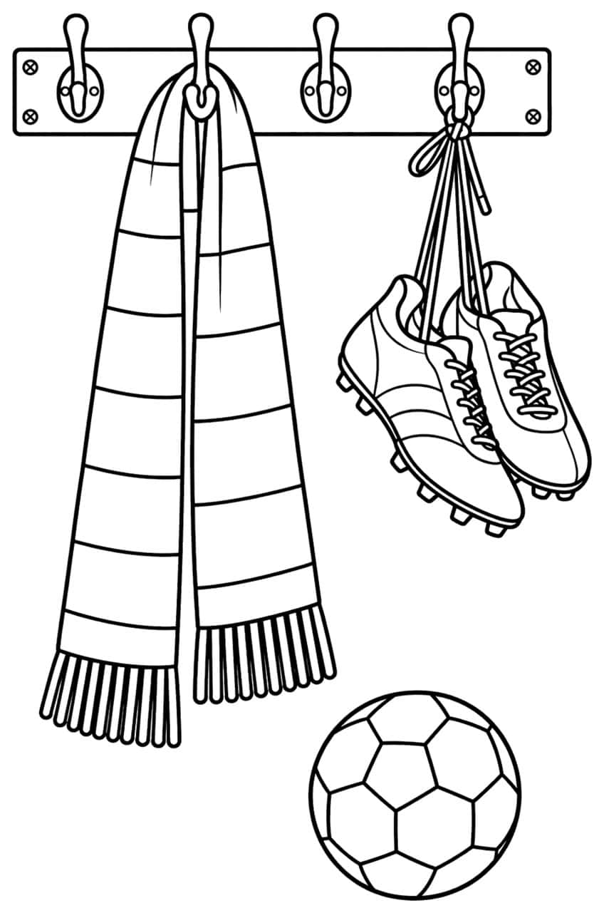 Wall hook rack with striped scarf, hanging soccer cleats and a soccer ball below