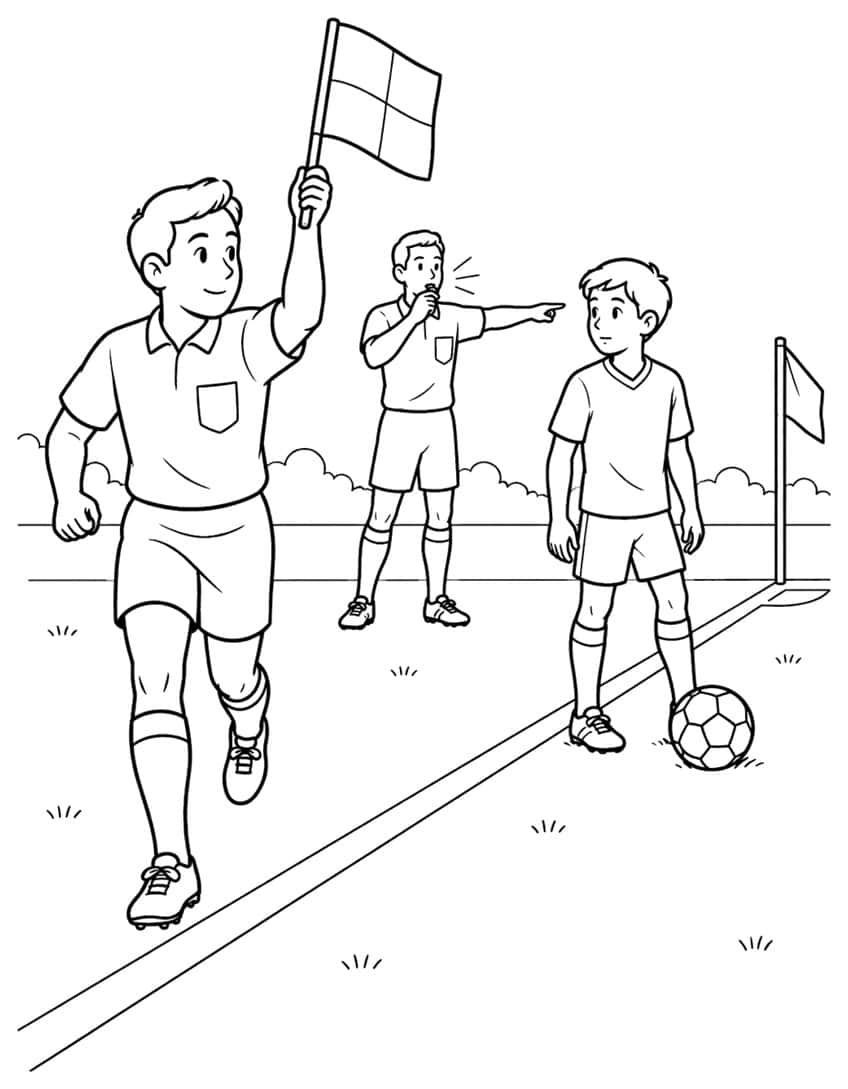 Linesman with raised flag, whistling referee pointing, boy with soccer ball by corner flag