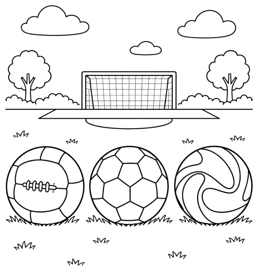 Three different soccer balls on grass in front of a goal with net, trees, bushes and clouds