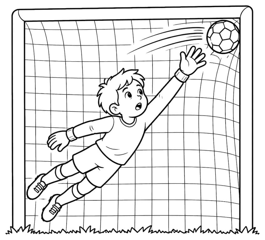 Boy goalkeeper diving with gloved hand toward a soccer ball in the top corner of a netted goal