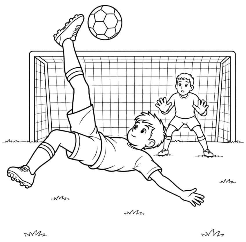 Boy performing a bicycle kick at a soccer ball, goalkeeper with raised hands in a net goal, grass tufts