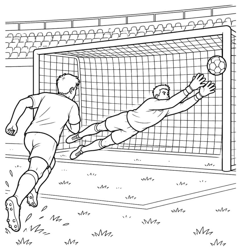 Goalkeeper diving for a soccer ball in a netted goal, striker running in, stadium seats behind