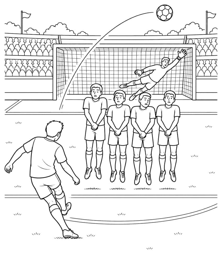 Free kick scene with kicker, wall of four defenders, diving goalkeeper, goal net, stands and ball