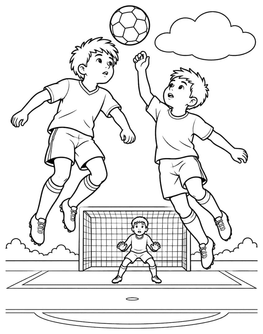 Two boys jumping for a header above a ball, goalkeeper in a net, cloud and pitch lines