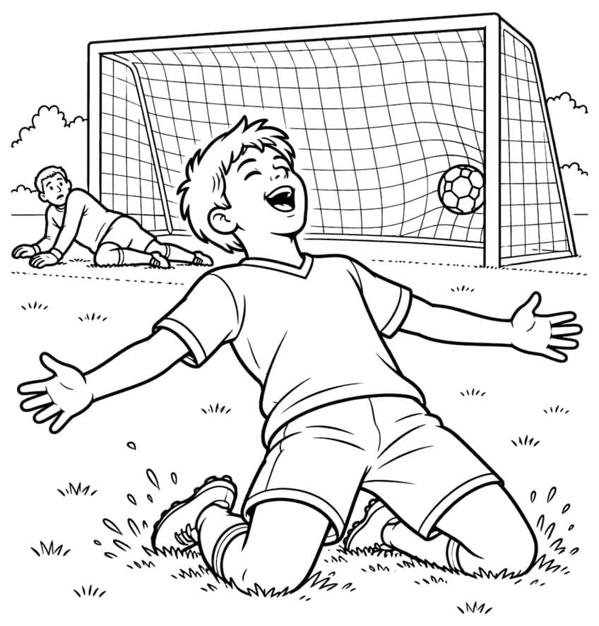 Boy sliding on his knees with open arms, ball in goal net, goalkeeper on the ground