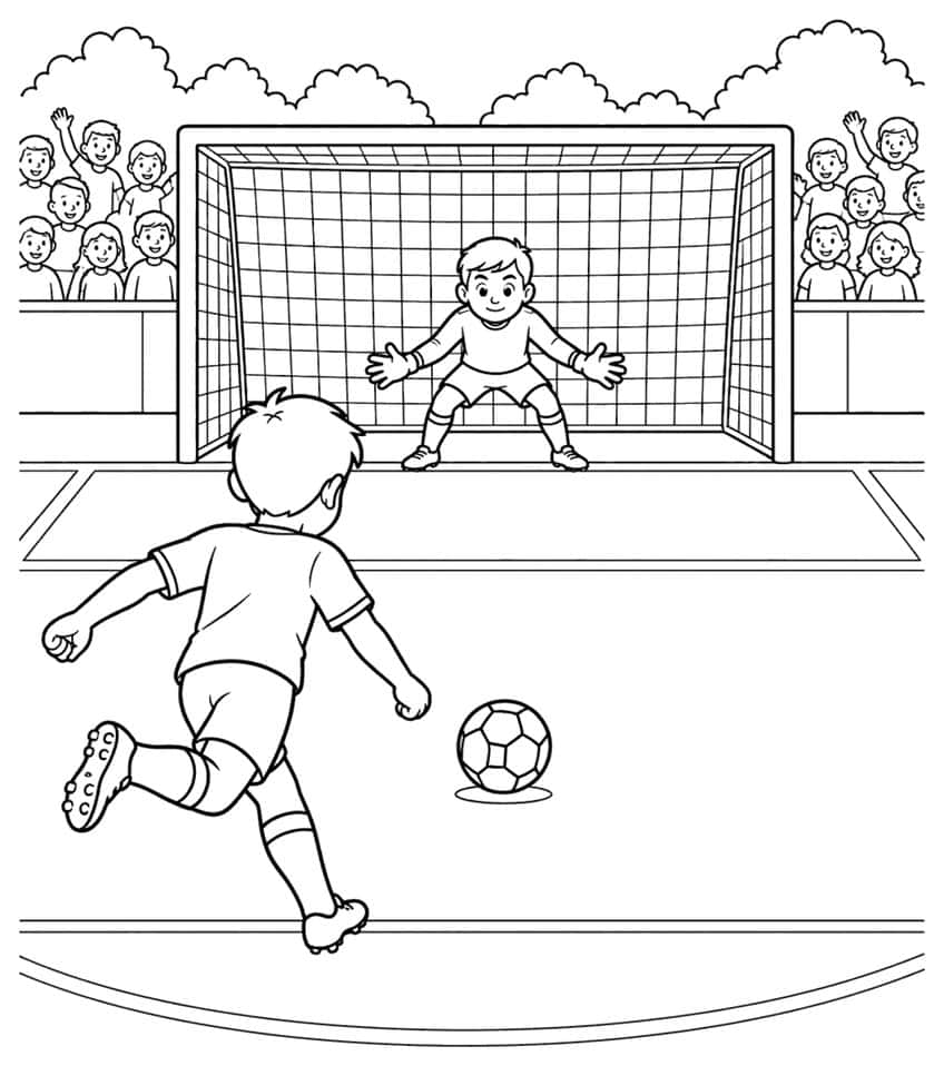 Boy about to take a penalty kick, goalkeeper in the net, ball and cheering children in the stands