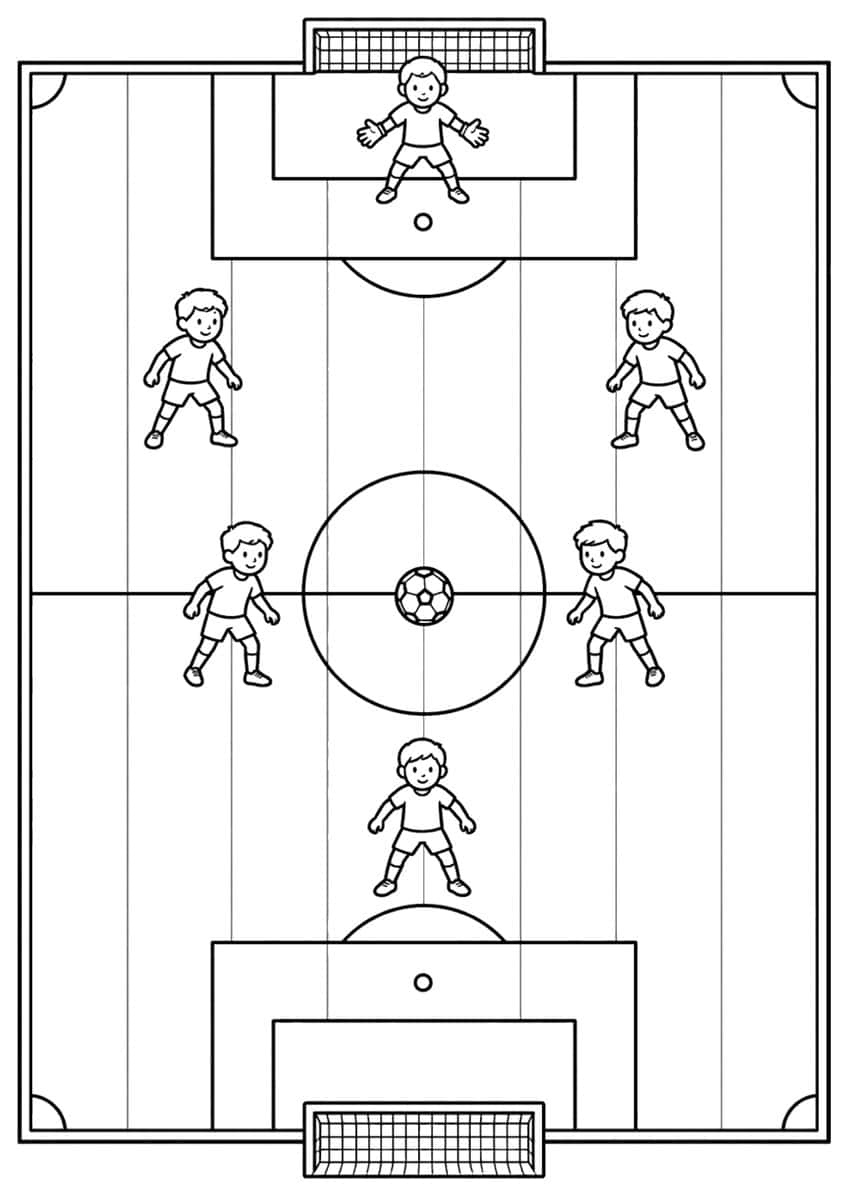 Aerial view of a soccer pitch with seven boys, a center ball, two goals and penalty areas