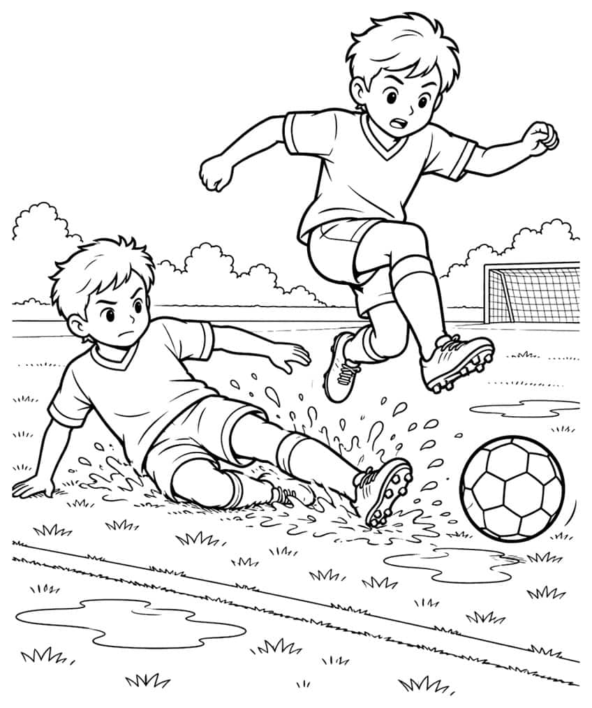 Boy sliding in a tackle as another jumps over him, with splashes, puddles, a soccer ball and a goal