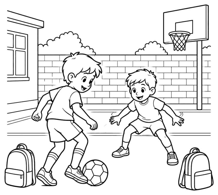 Two boys playing soccer in a schoolyard with a brick wall, basketball hoop and two backpacks