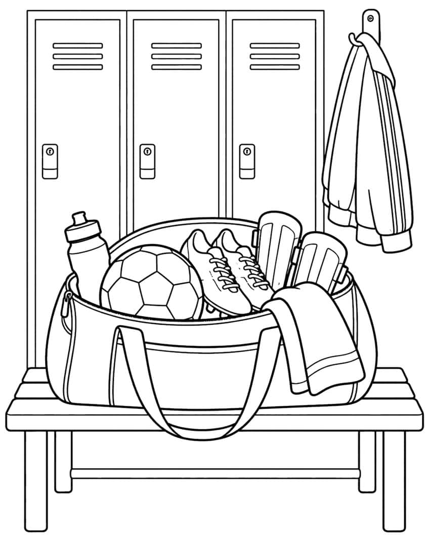 Open duffel bag with soccer ball, cleats, shin guards, bottle and towel on a bench before three lockers
