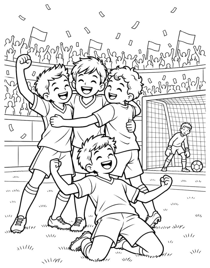 Four laughing soccer players celebrating a goal, goalkeeper by the net, cheering crowd with flags and confetti
