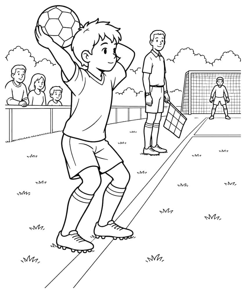 Boy in soccer kit holding a ball overhead for a throw-in, with a linesman, goal and spectators