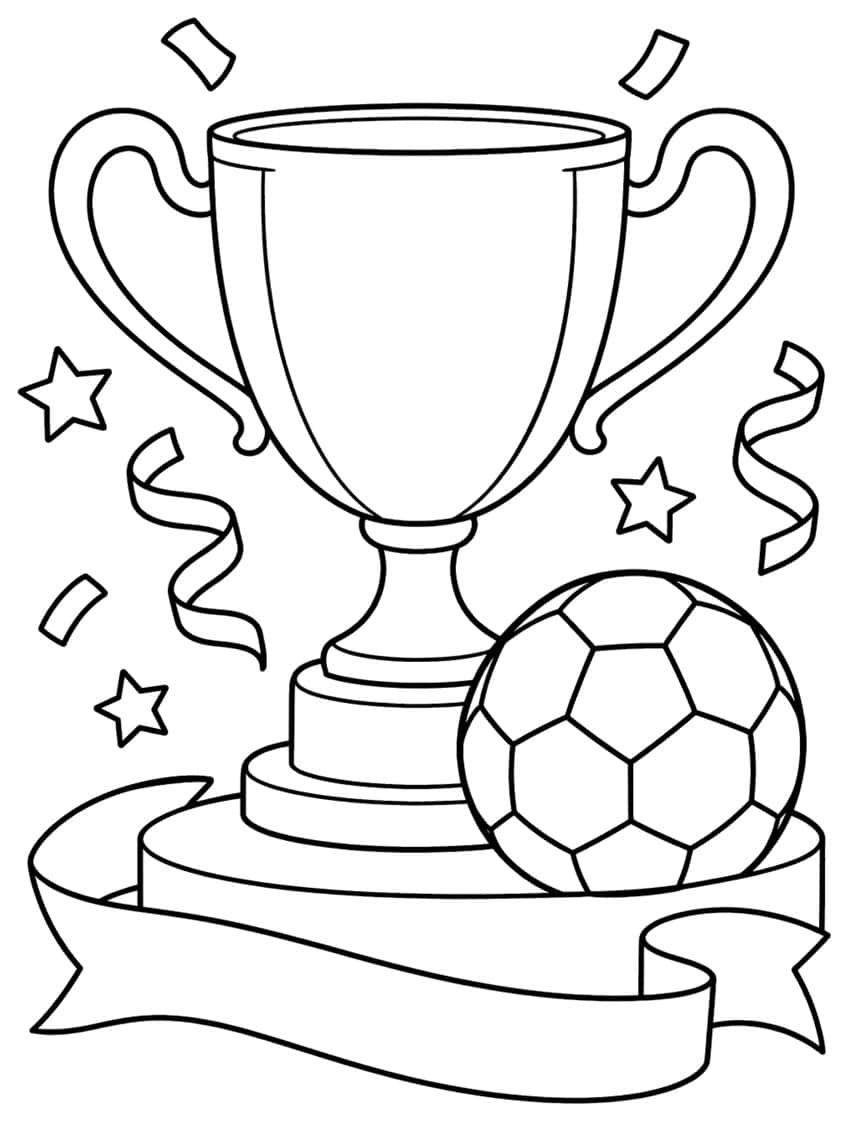 Trophy cup with two handles, soccer ball, blank banner, stars, streamers and confetti