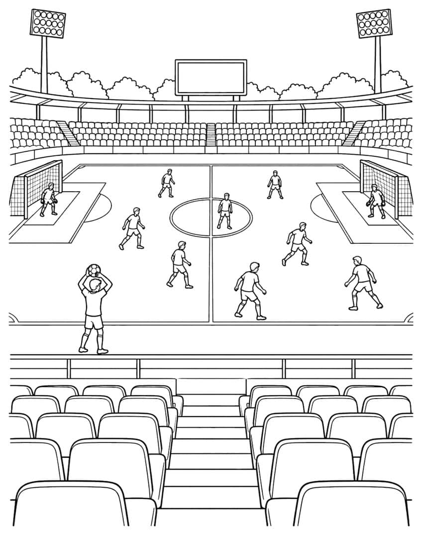 Soccer stadium seen from the stands with players, a throw-in, two goals, floodlights and a scoreboard
