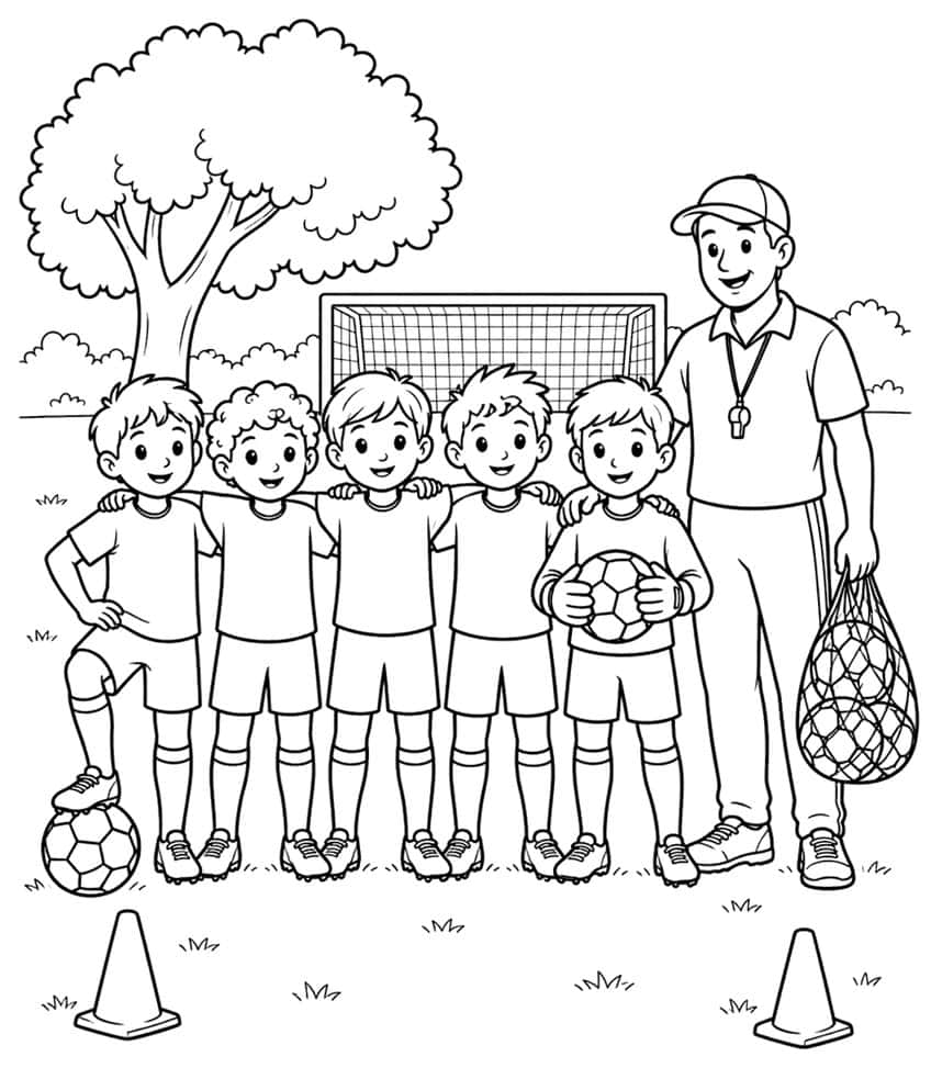 Five boys with soccer balls, a coach with whistle and ball net, a goal, a tree and two cones