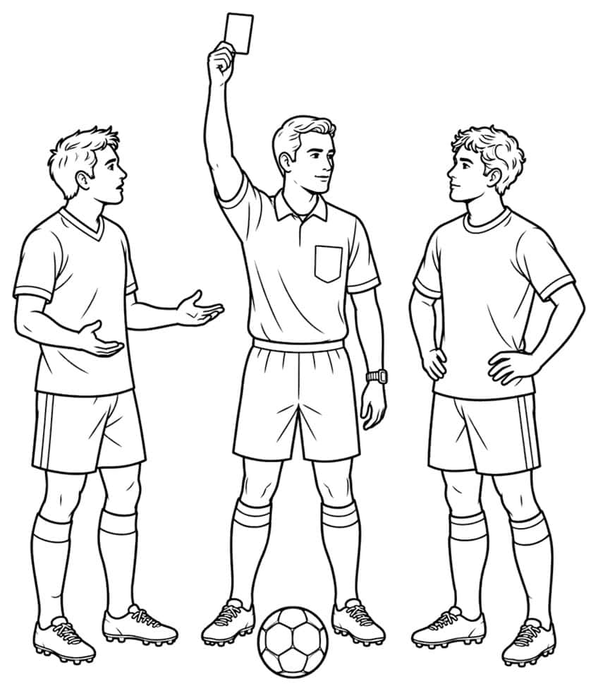 Referee holding up a card between two players, with a soccer ball at his feet