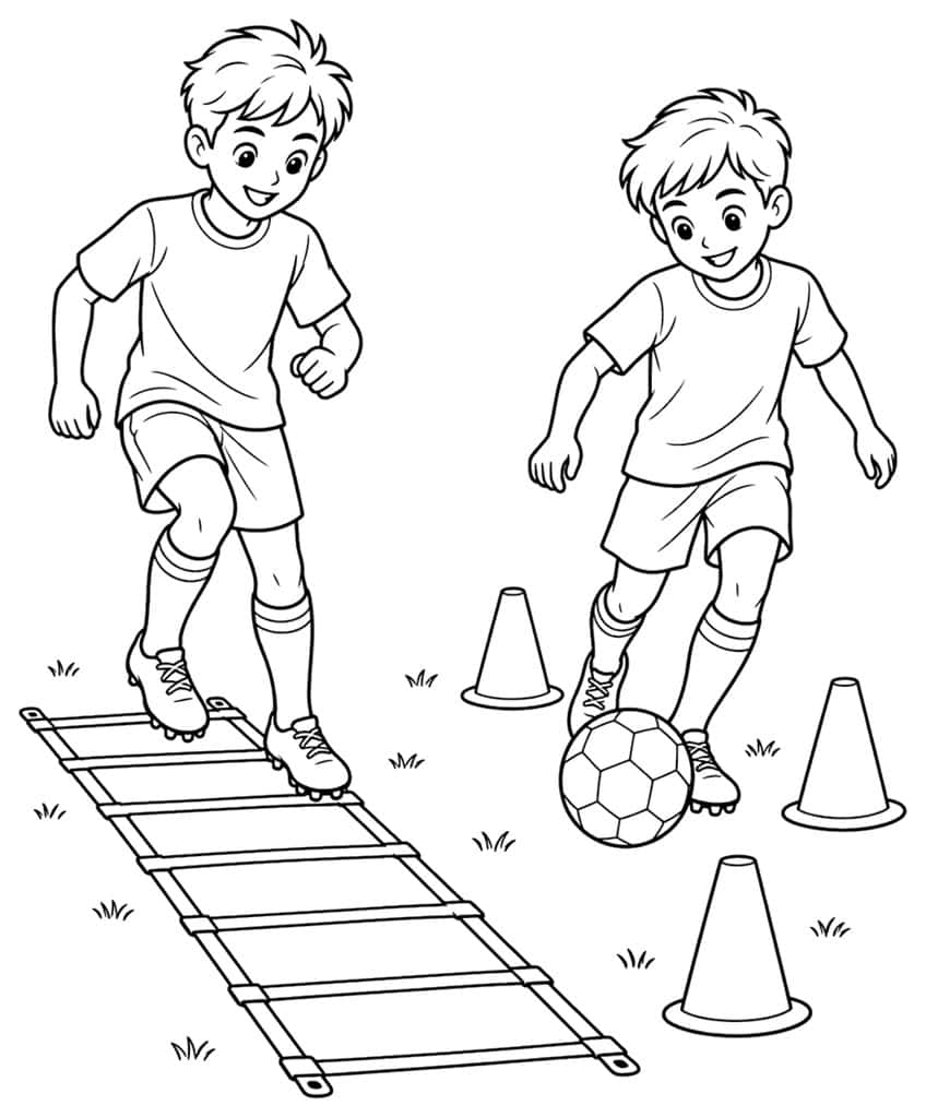 Two boys training: one on an agility ladder, one dribbling a soccer ball around three cones