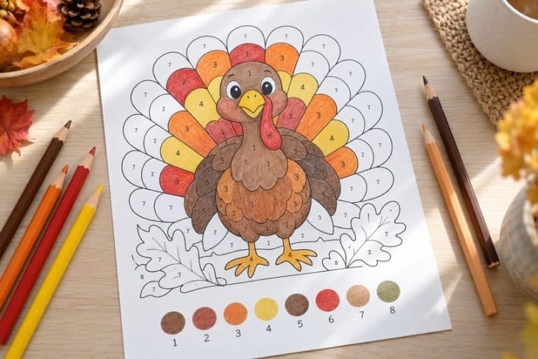 thanksgiving color by number worksheet partly colored in with pencils