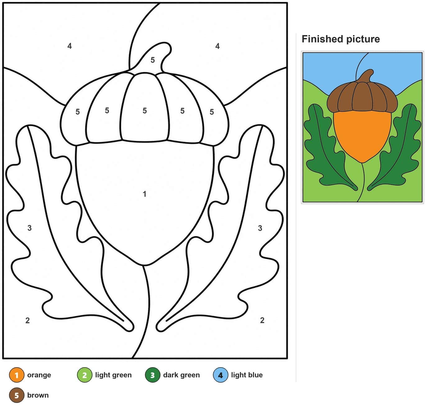 Large acorn with a segmented cap and stem, flanked by two wavy oak leaves