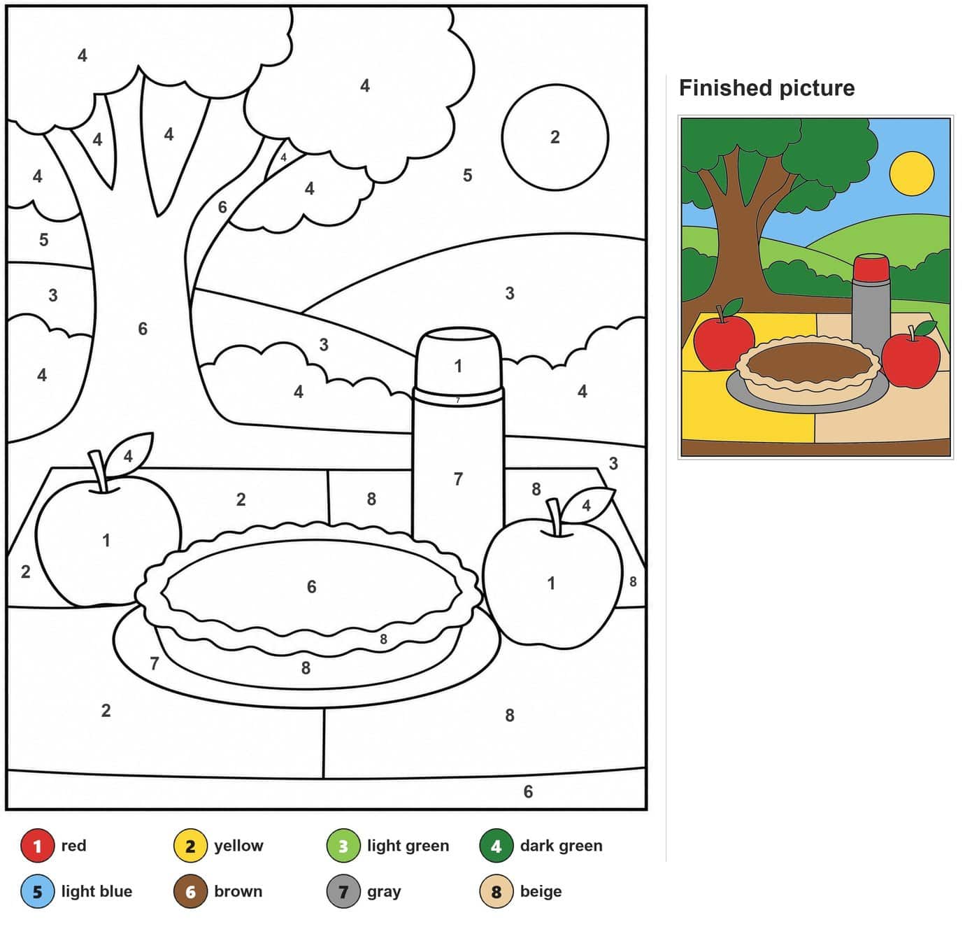 Picnic blanket with a pie on a plate, two apples, a thermos, a big tree, hills and a sun