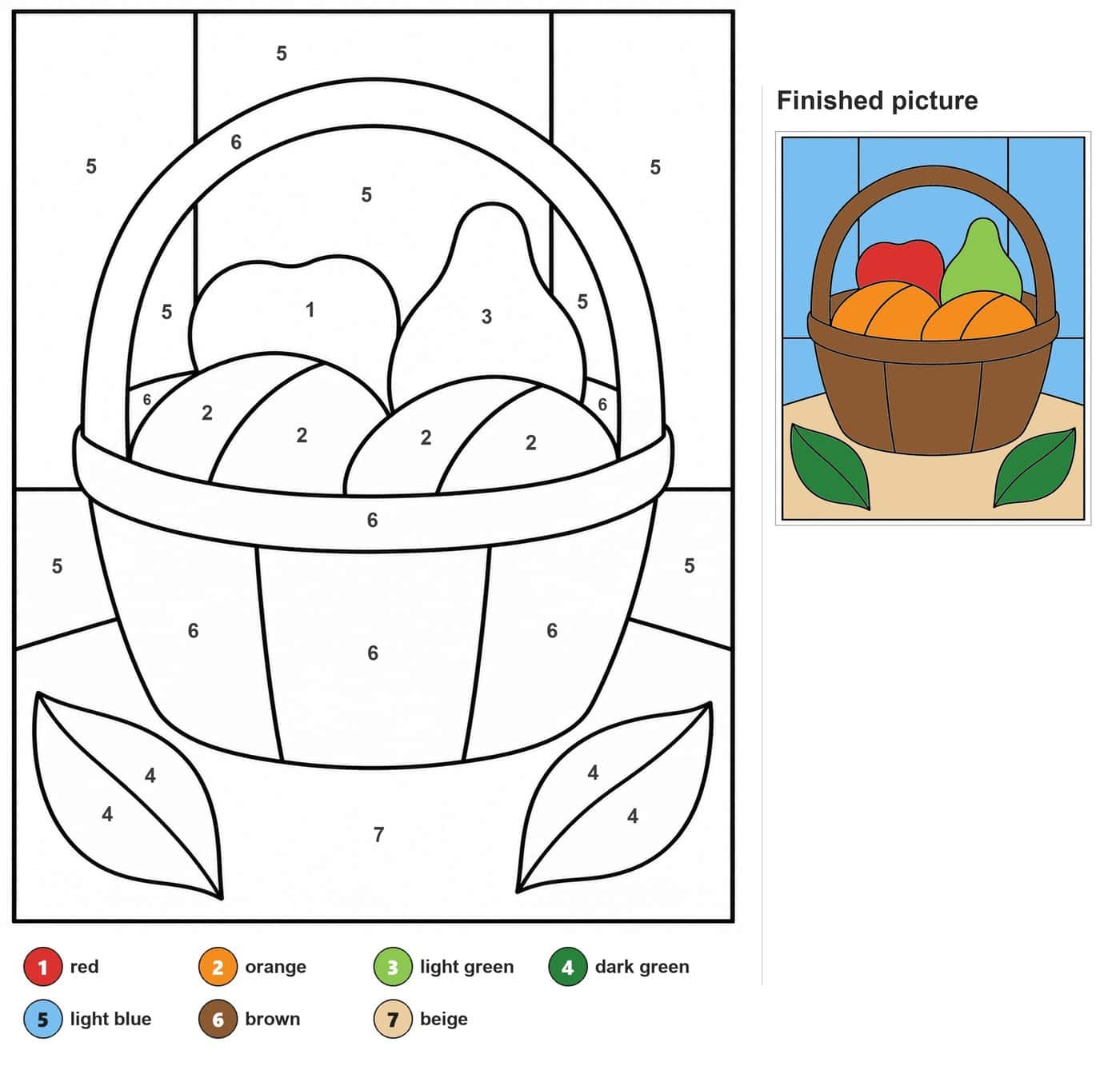 Basket with arched handle, two rolls, an apple and a pear, with two leaves on a table