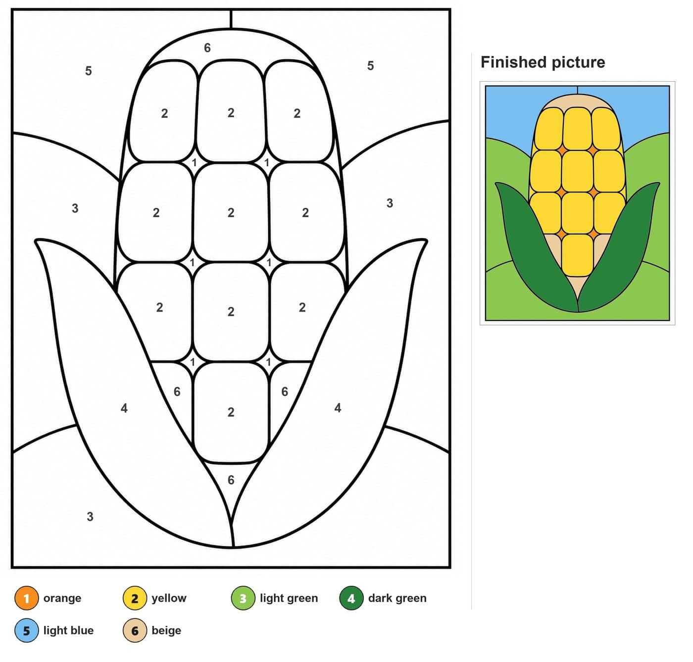 Corn cob with ten rounded kernels and two large husk leaves, with curved background shapes