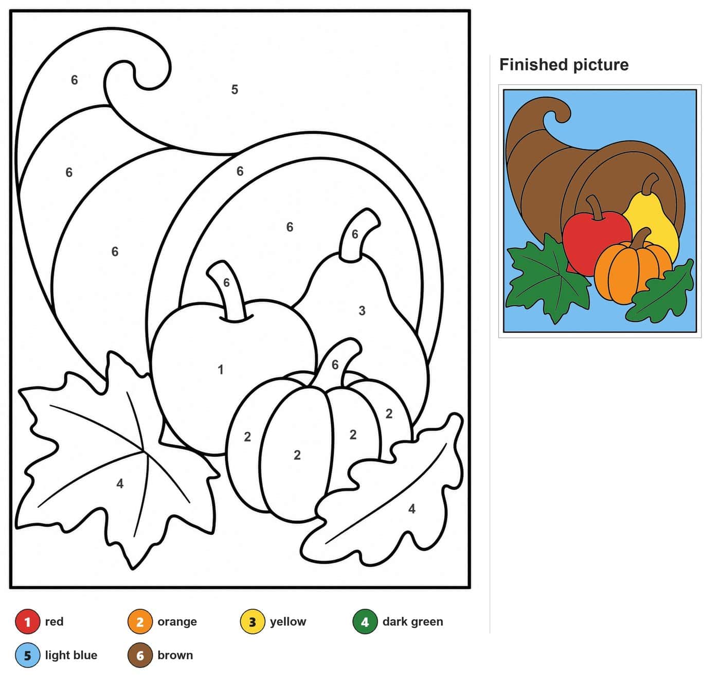 Cornucopia with apple, pear, small pumpkin, a maple leaf and an oak leaf