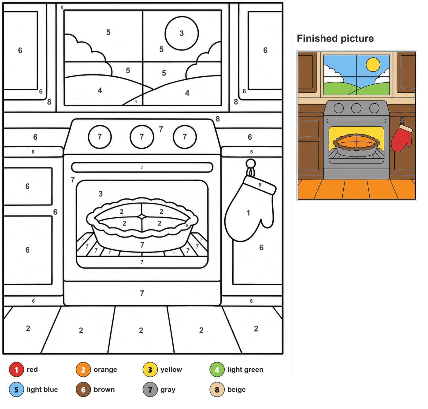 Oven with a baking pie, three stove knobs, a window with sun and hills, an oven mitt and cabinets