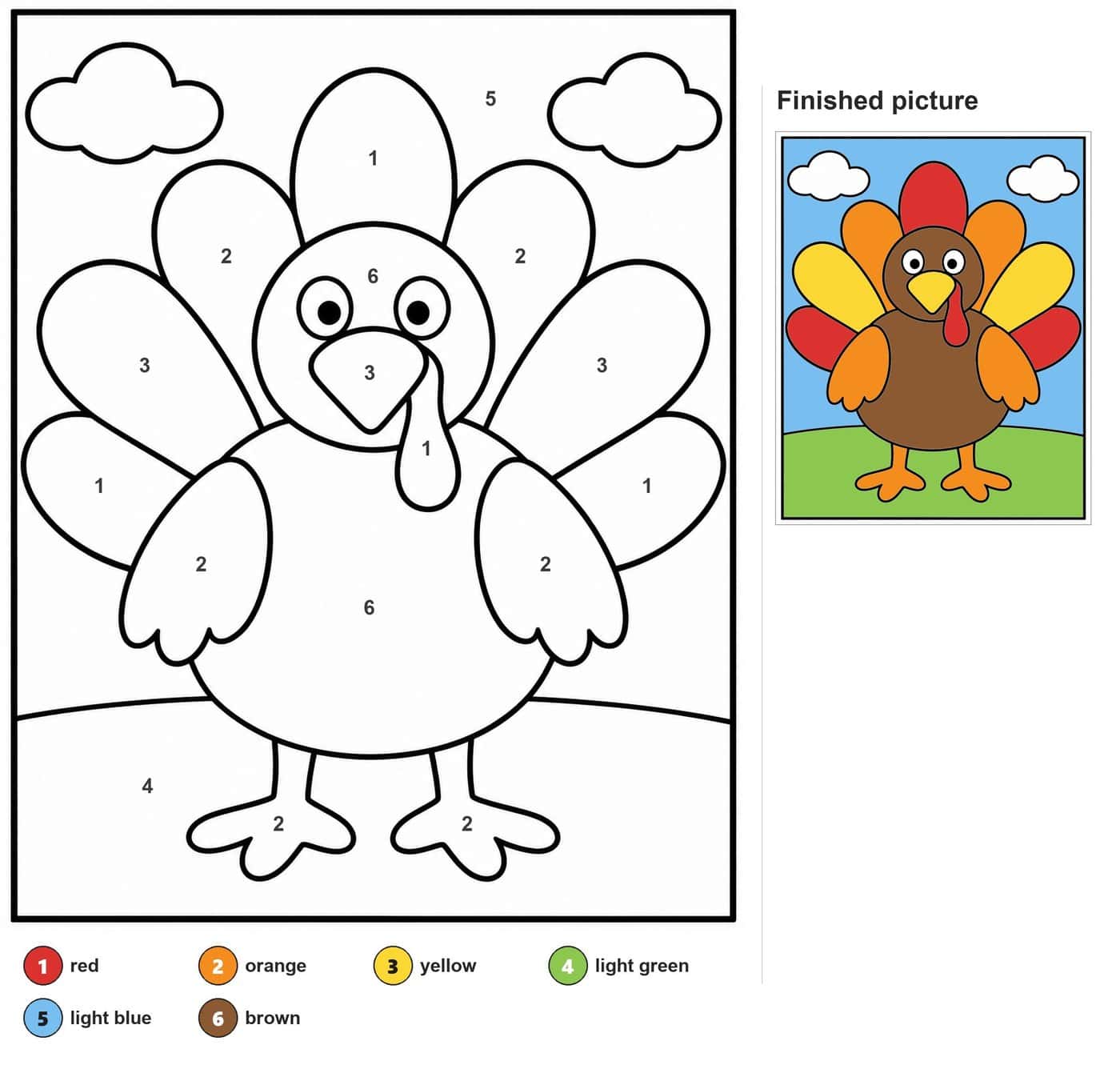Cartoon turkey with five tail feathers, wings, big eyes and two clouds on a hill