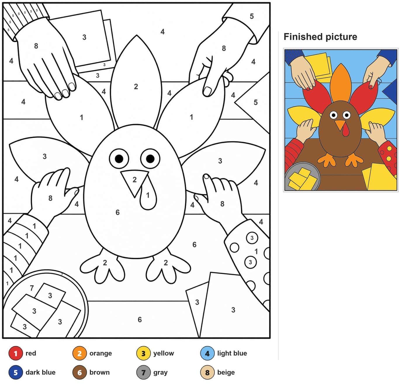 Four hands assembling a paper turkey with five feathers, striped table, patterned sleeves and a bowl of scraps