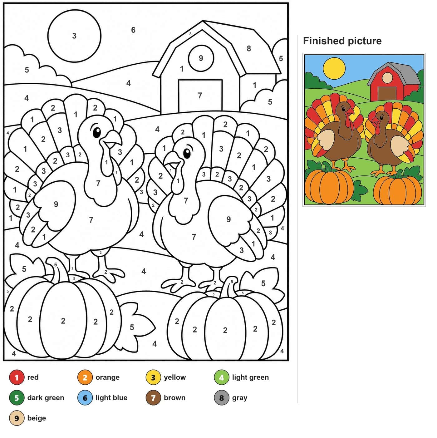 Two turkeys with fanned tails, a barn, a sun, hills and two pumpkins with leaves