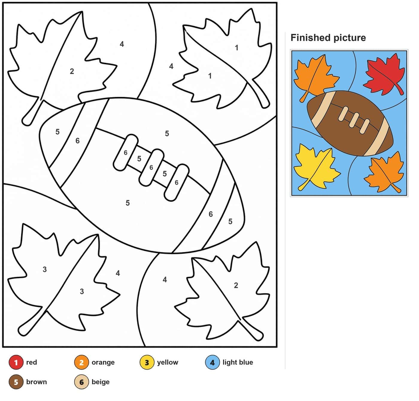 Tilted football with laces and stripes, surrounded by four autumn leaves