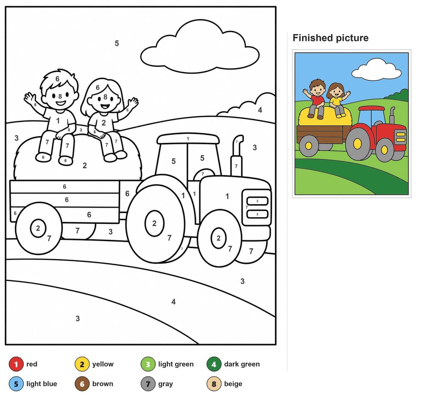 Boy and girl waving on a hay bale in a trailer pulled by a tractor, with hills and clouds