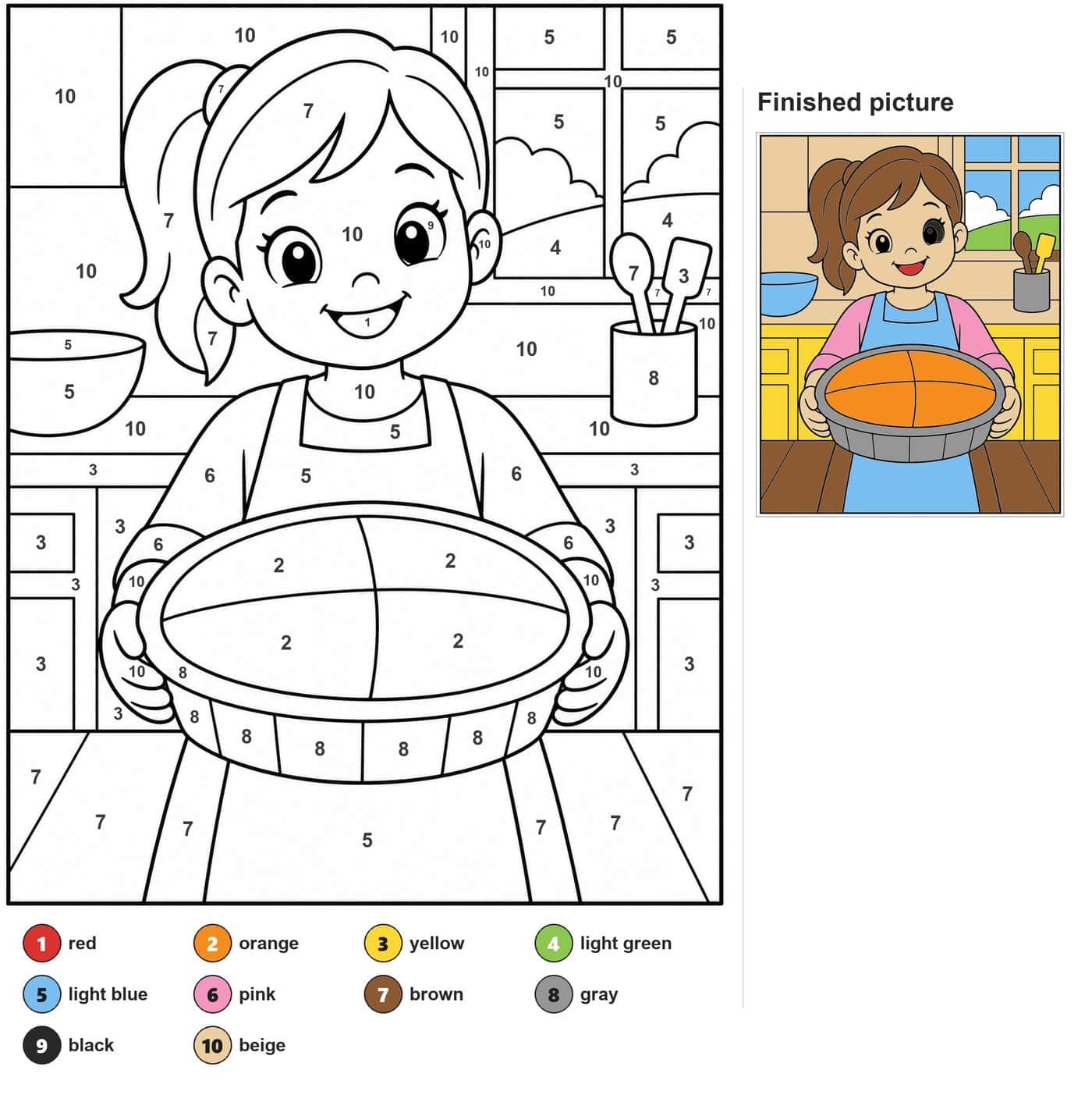 Girl with ponytail and apron holding a pie in a kitchen with bowl, utensil jar and window