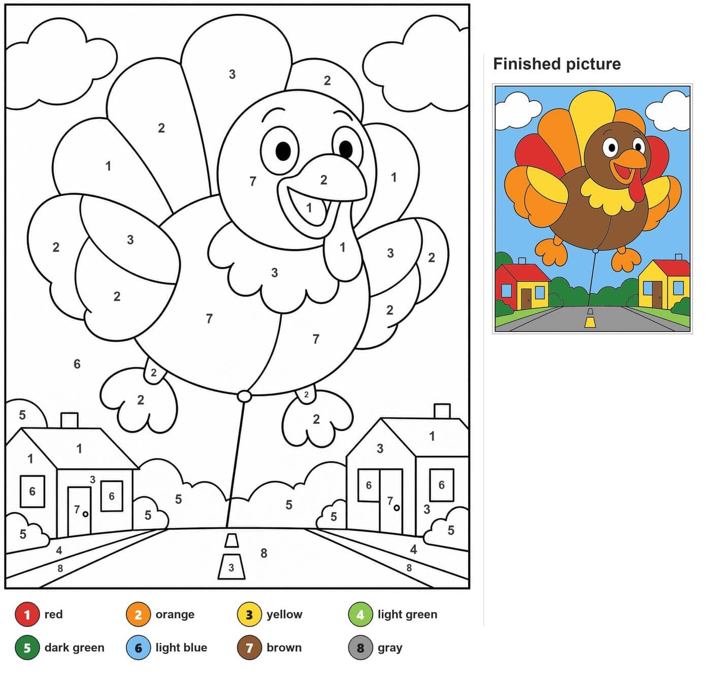 Turkey parade balloon on a tether above a road, with two houses, bushes and clouds