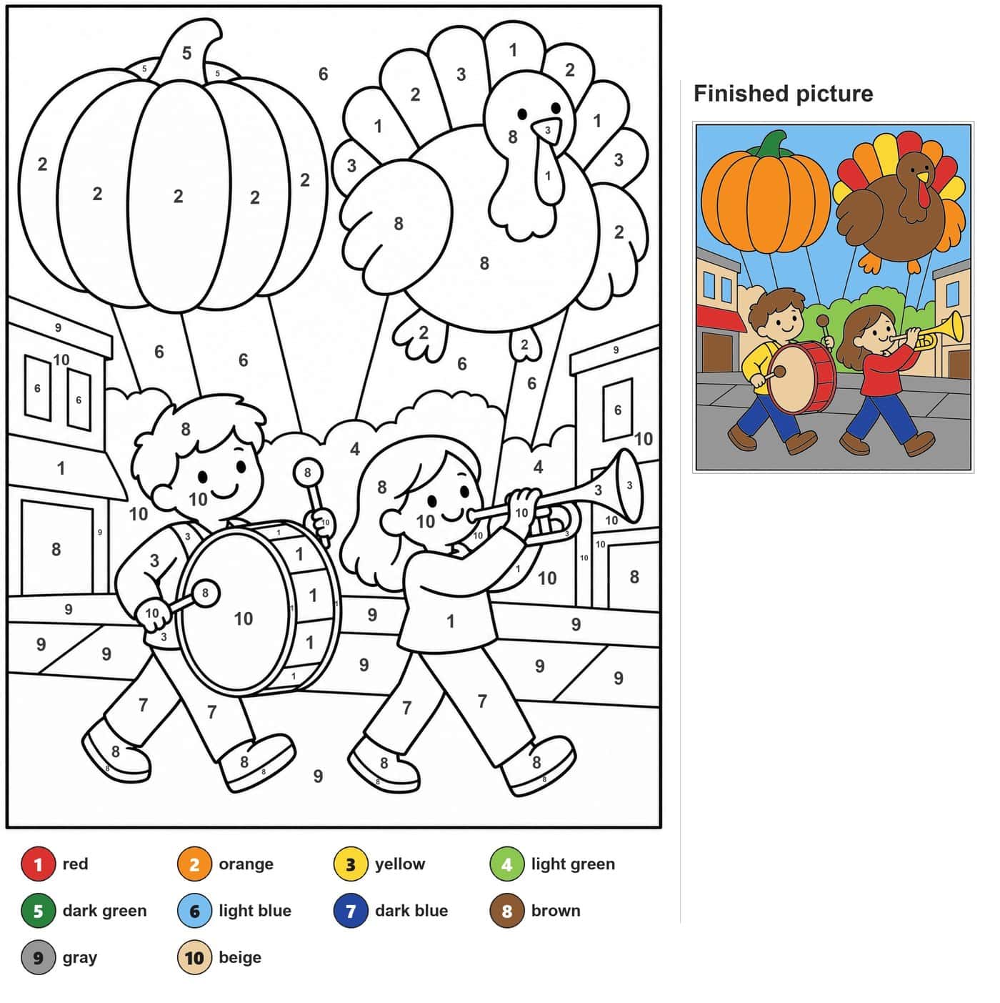 Boy with bass drum and girl with trumpet marching under pumpkin and turkey parade balloons