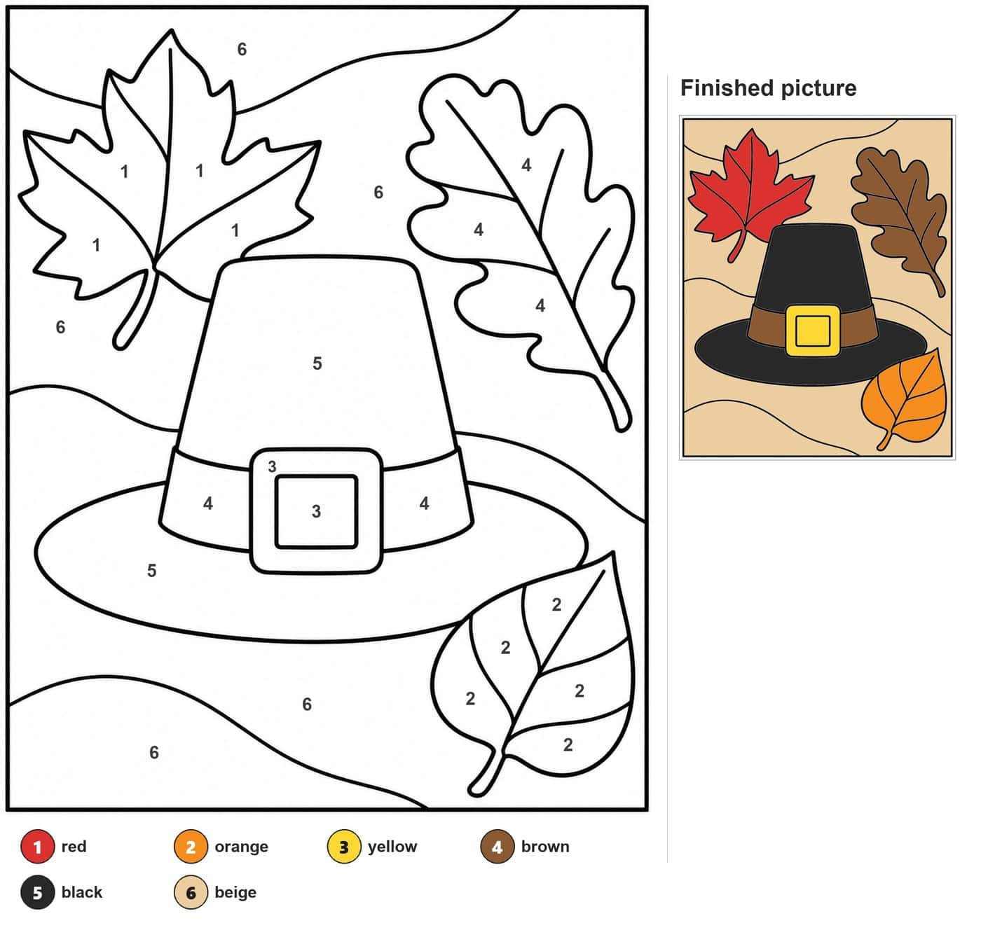 Pilgrim hat with square buckle, maple leaf, oak leaf and veined leaf on wavy background