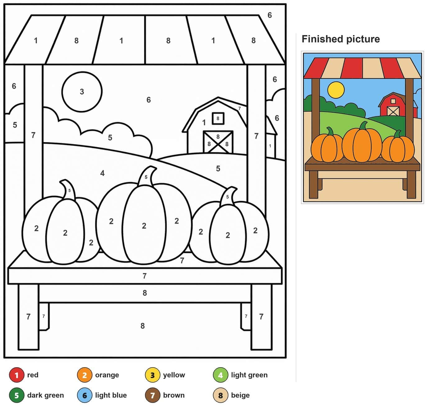 Three pumpkins on a market table under a striped roof, with a barn, sun and hills behind