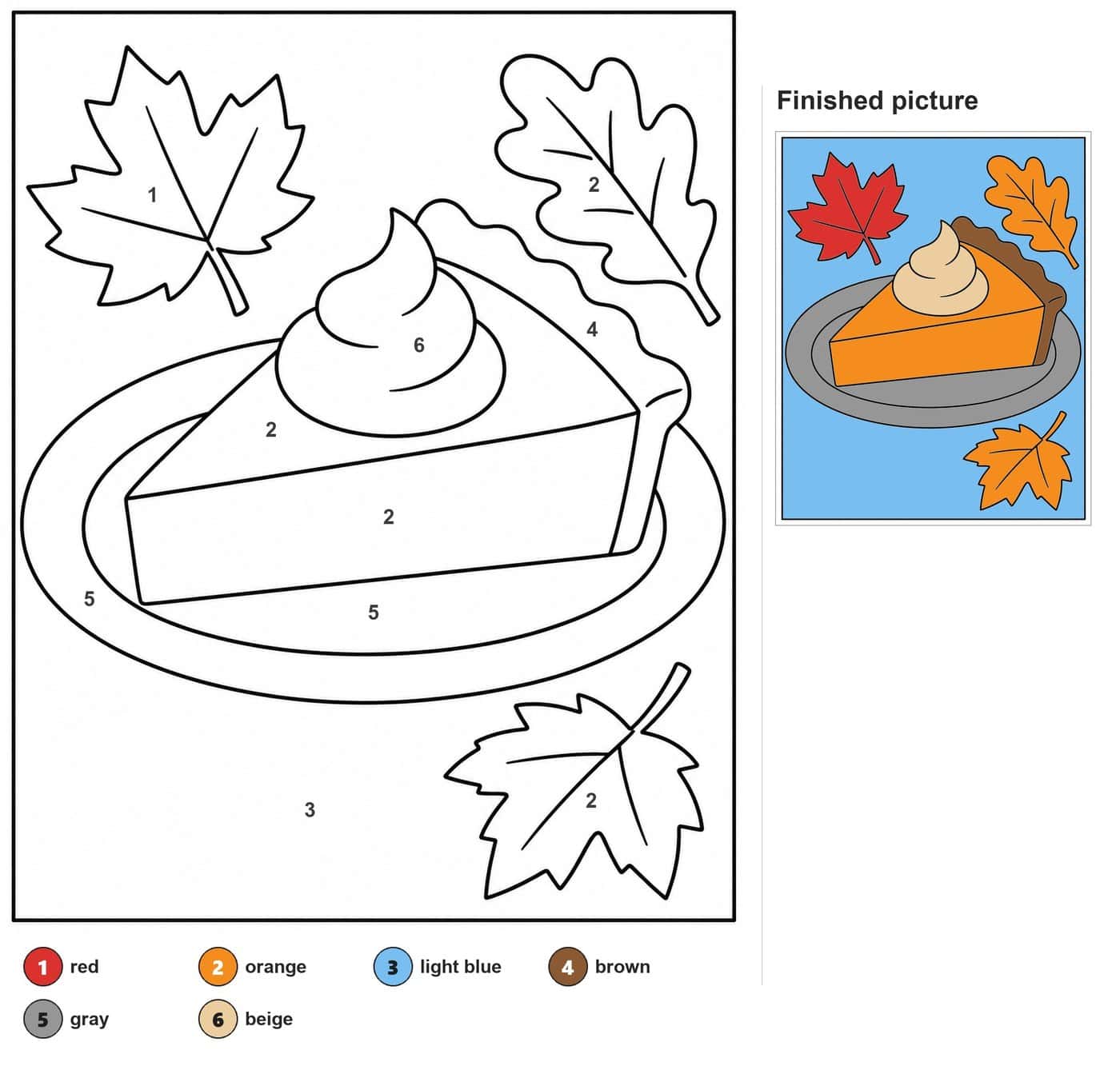 Pumpkin pie slice with whipped cream on a plate, two maple leaves and an oak leaf
